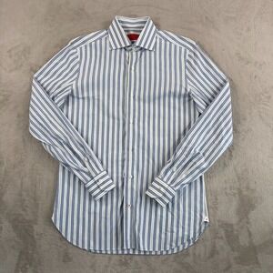 Isaia Napoli Dress Shirt Men 15.5 39 Blue White Stripe Cotton Made in Italy $495